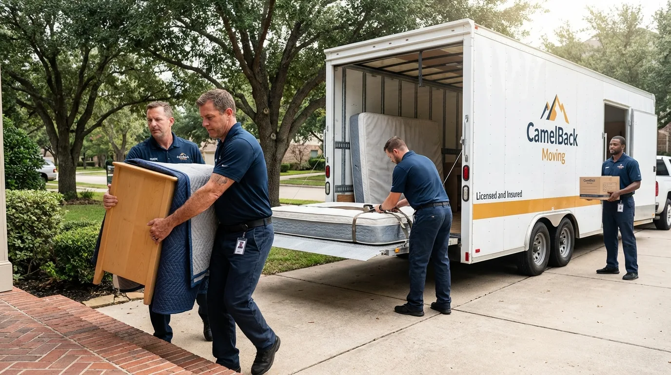 Crew loading residential truck for cross-state move from Bethel, NC