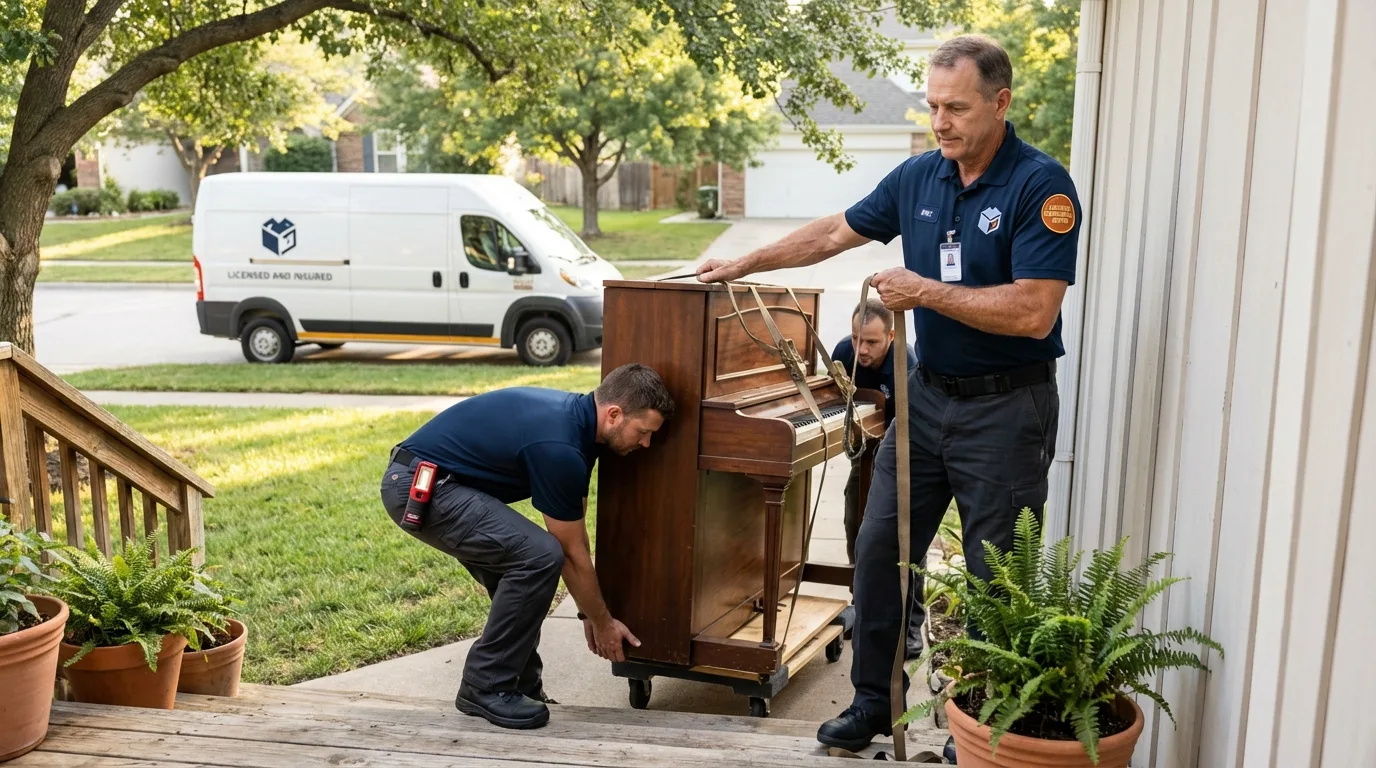 Licensed piano movers securing grand piano in Bethel, NC