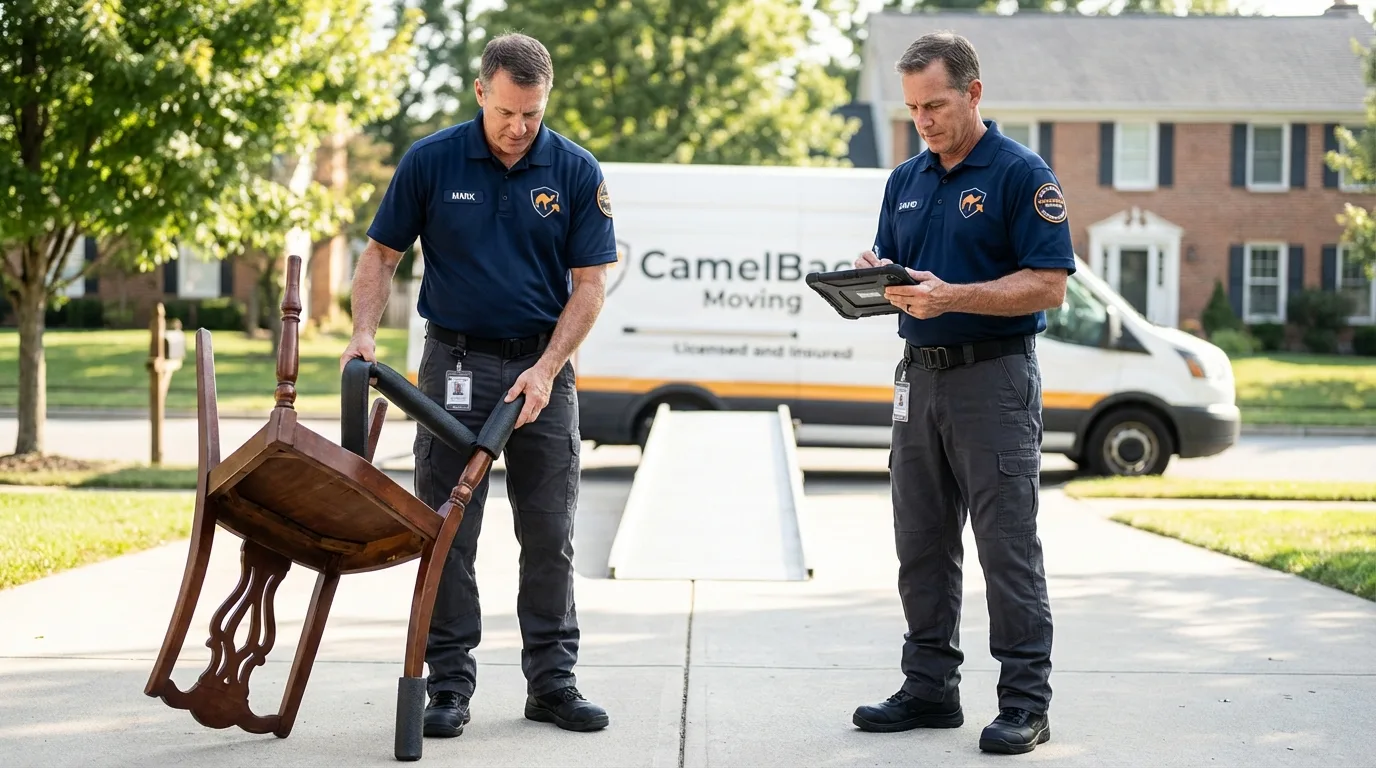 Movers inspecting furniture for damage prevention before loading in Bethel, NC