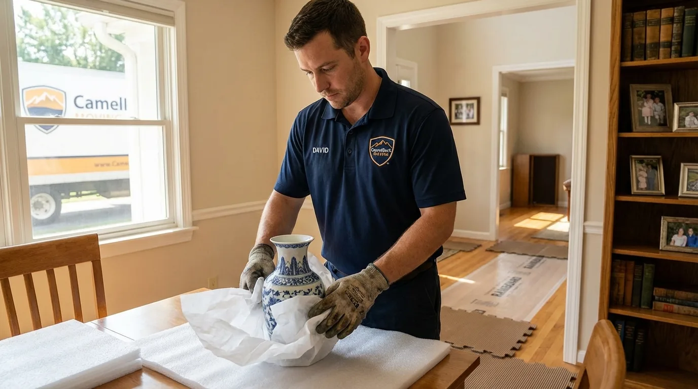 Professional crew carefully wrapping antique vase for senior downsizing move in Bethel, NC